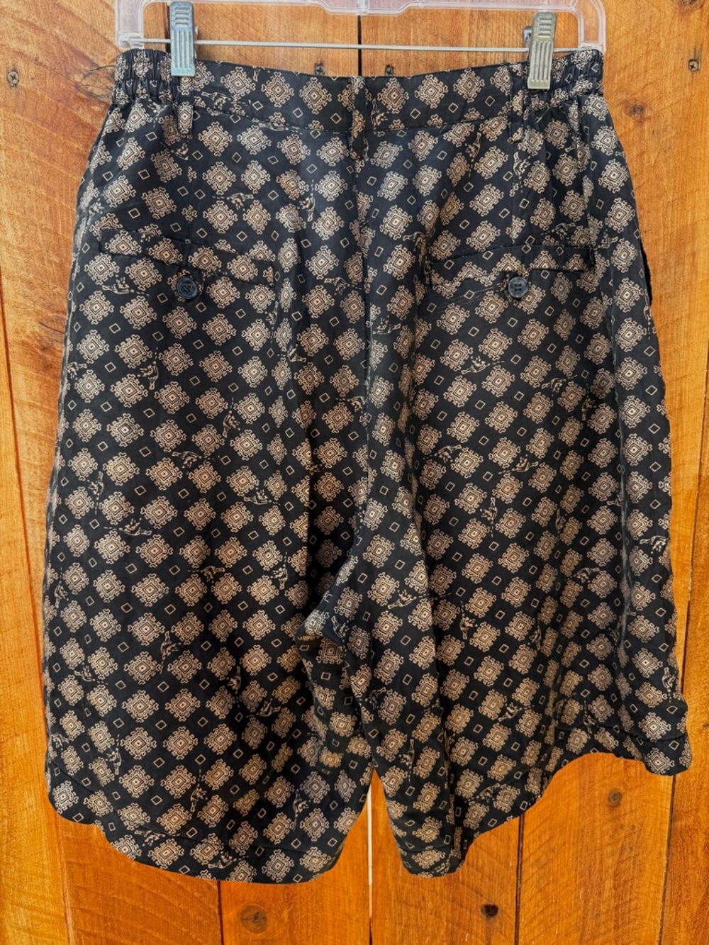 Vintage 90’s Robert Stock Black & Beige Geometric & Bird Design Silk Shorts - M - Picture 6 of 12